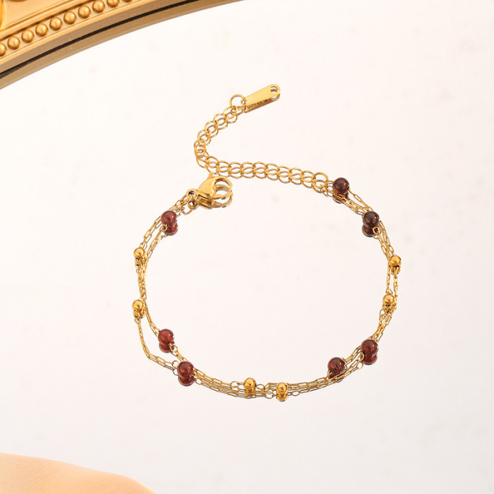 French Style Light Luxury Handmade Gold Bead Chain Natural Pomegranate Wine Red Round Bead Necklace Vintage Elegant V...
