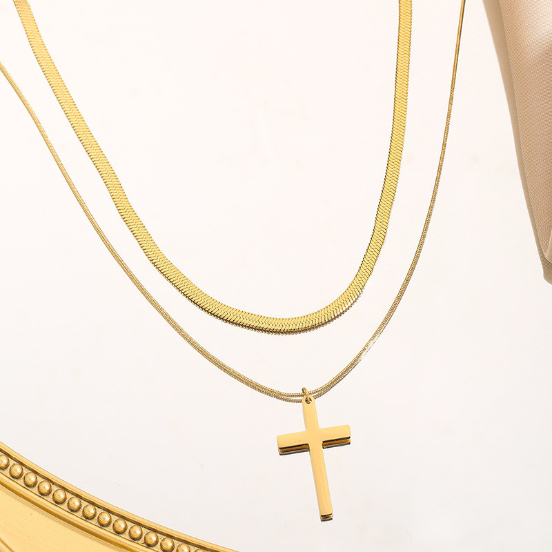 Cross-border European and American New Style Smooth Cross Multi-layer Titanium Steel Necklace for Women Versatile High-end Pendant Sweater Accessory for Women