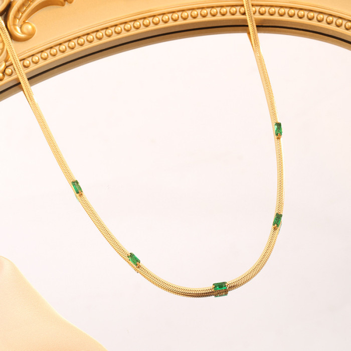 Elegant Square Zircon Blade Chain Colorful Zircon Titanium Steel Necklace for Women Fine Versatile 18K Gold Plated Br...