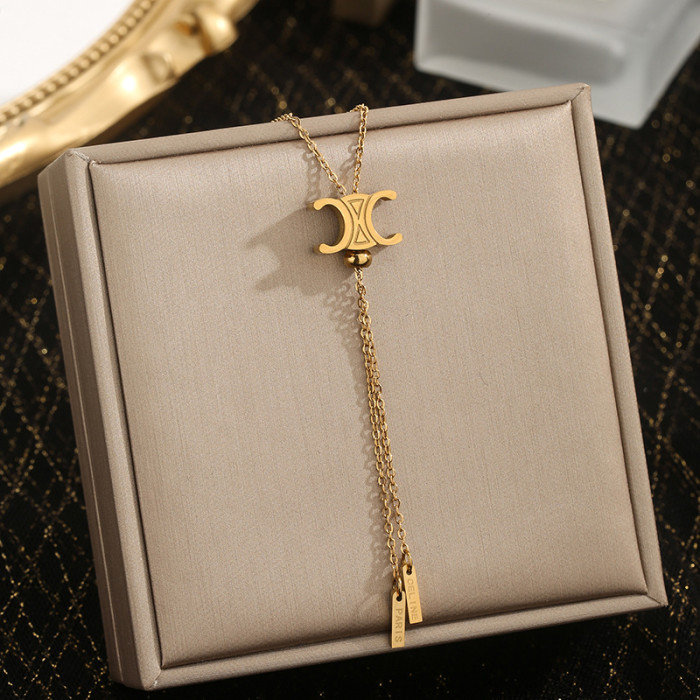 Cross-Border European and American Hot-Selling Geometric Arc de Triomphe Titanium Steel Necklace for Women Long Chain Tassel Earrings Niche Design Trend