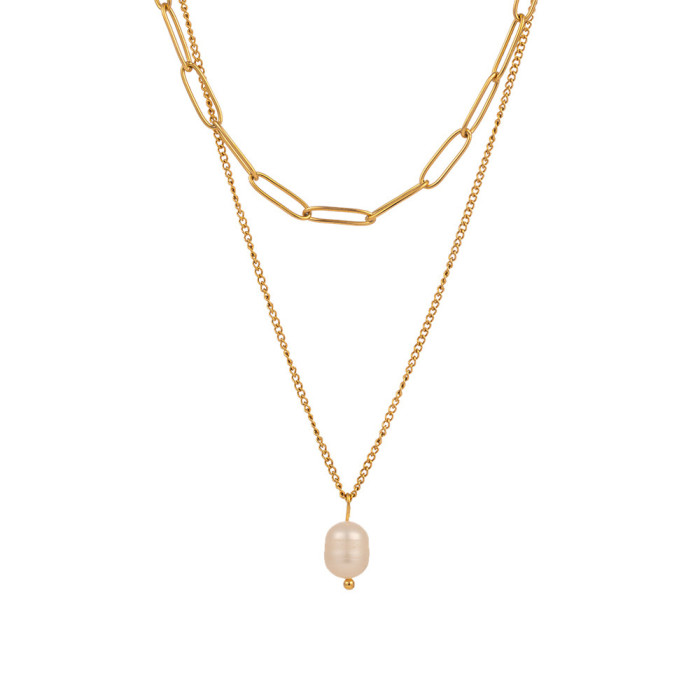 European and American Style Simple and Elegant Gold Double-Layer Pearl Titanium Steel Necklace for Women, Minimalist Retro Collarbone Chain