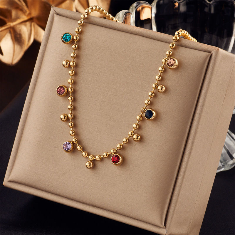 European and American Cross-Border Retro Simple Fashion Versatile Colorful Round Diamond Pendant Titanium Steel Necklace Ins Style Exquisite Collarbone Chain
