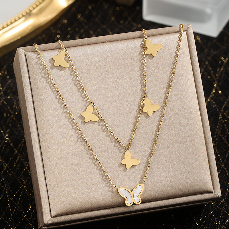 Cross-Border Fashion Minimalist Niche Design Double Layer Stacked Smooth Shell Butterfly Pendant Chain Stainless Steel Necklace for Women