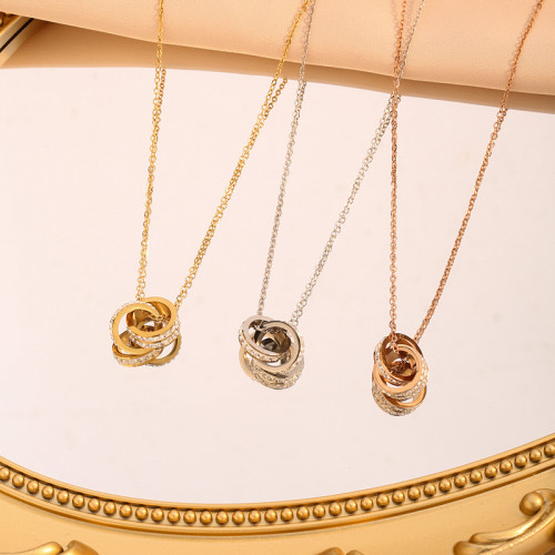 Japanese and Korean New Style Titanium Steel Full Diamond Rose Gold Double Ring Necklace for Women Simple Super Shiny Two-Layer Diamond Collarbone Chain Pendant Wholesale