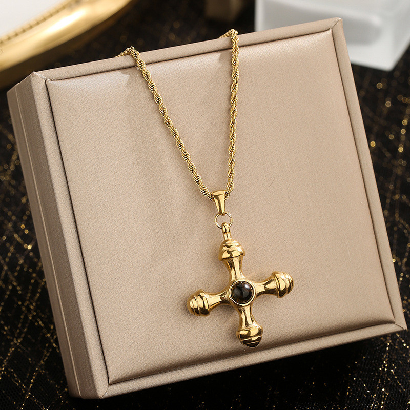 Amazon Trendy 18K Gold Stainless Steel Cross Inlaid Tiger Eye Necklace Non-Fading Fashion Versatile Jewelry Wholesale