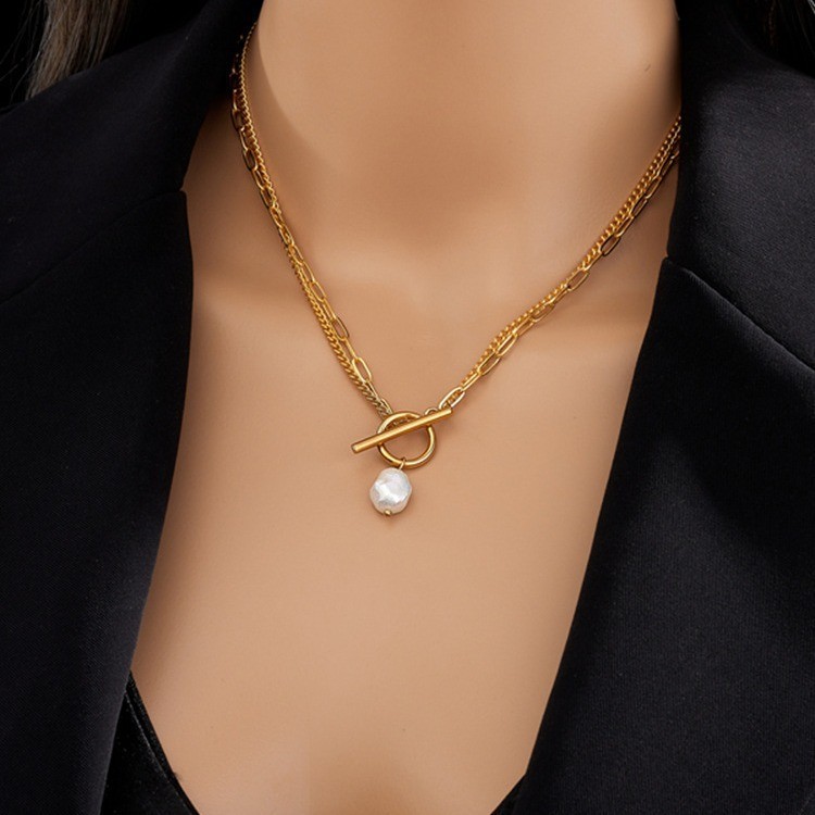 European and American New Style Simple Retro Baroque Pearl Irregular OT Double Layer Chain Metal Punk Stainless Steel Necklace