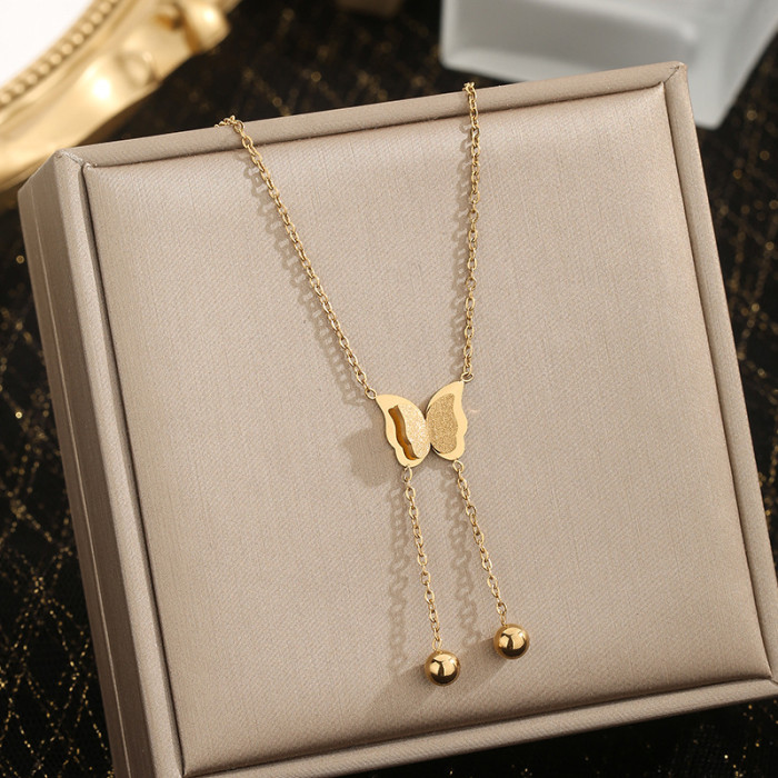 Titanium Steel Necklace for Women, Non-Fading, Niche, Simple, Versatile, High-End Feel, Cross-Border Jewelry, Butterfly Tassel Collarbone Gold Necklace