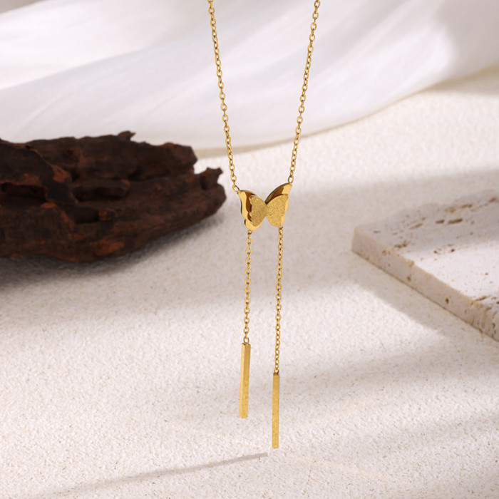 Korean Style Trendy Light Luxury Niche Versatile Elegant Tassel Butterfly Titanium Steel Necklace for Women Simple Fashion Design Accessories