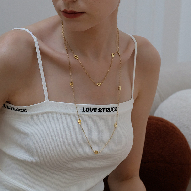 Light Luxury Long Titanium Steel Non-Fading Double Layer Pig Nose Long Necklace Simple Sweater Chain Niche High-End Feel Layered Wear