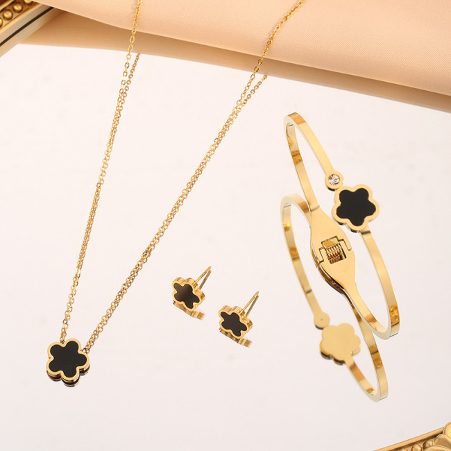 Fashion Personality Five-Leaf Flower Set Black Shell Titanium Steel Necklace Earrings Light Luxury Temperament Set Cl...