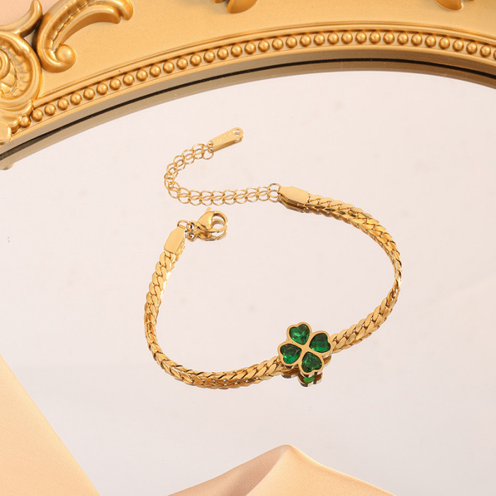 European and American Cross-Border Emerald Zircon Four-Leaf Clover Bracelet Women's Collarbone Necklace Versatile Titanium Steel Bracelet Non-Fading Set