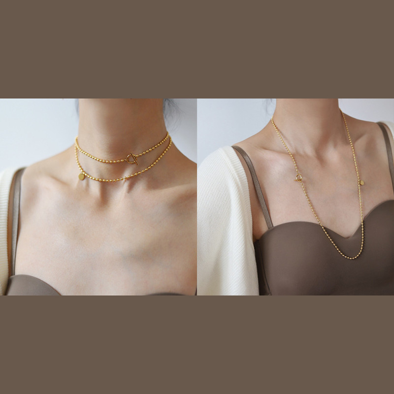 Cross-Border Wholesale Mid-Length Sweater Chain Titanium Steel Plated 18K Gold Stacked OT Buckle Necklace Women Trendy Collarbone Chain Design Sense