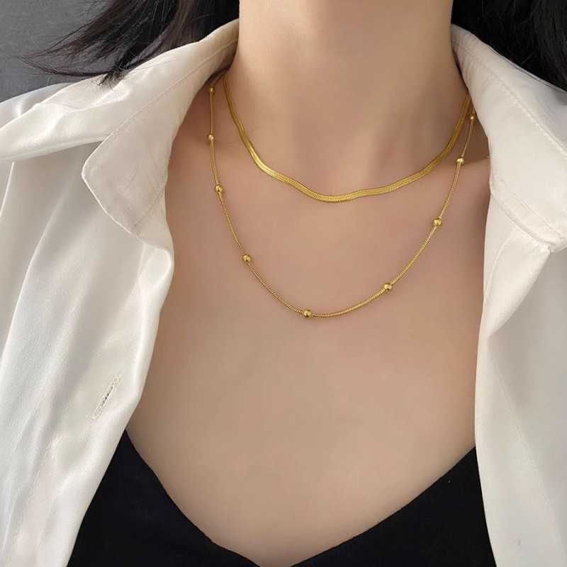 Cross-Border Wholesale Retro Simple Double-Layer Gold Bead Titanium Steel Necklace Light Luxury High-End Fashion Collarbone Chain Jewelry