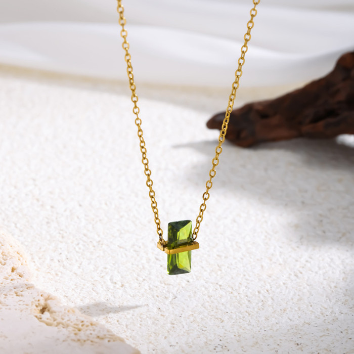 French Style Personality Geometric Rhombus Colorful Zircon Design Pendant Collarbone Necklace for Women Titanium Steel Female Jewelry Gift