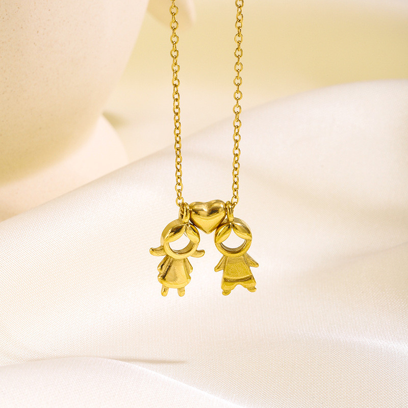 Cross-Border Hot Sale Family Boy Girl Couple Pendant Stainless Steel Necklace Gold-Plated Heart Light Luxury Versatile Collarbone Chain