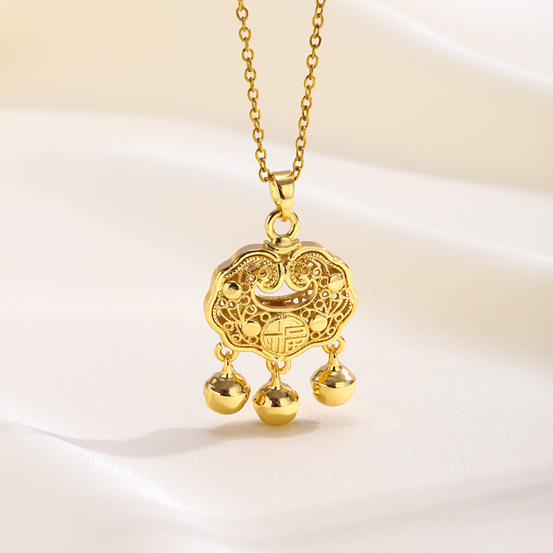 Chinese Style Fu Character Peace and Prosperity Lock Titanium Steel Necklace for Women Longevity Lock Electroplated Real Gold Color Retention Ethnic Style Collarbone Chain