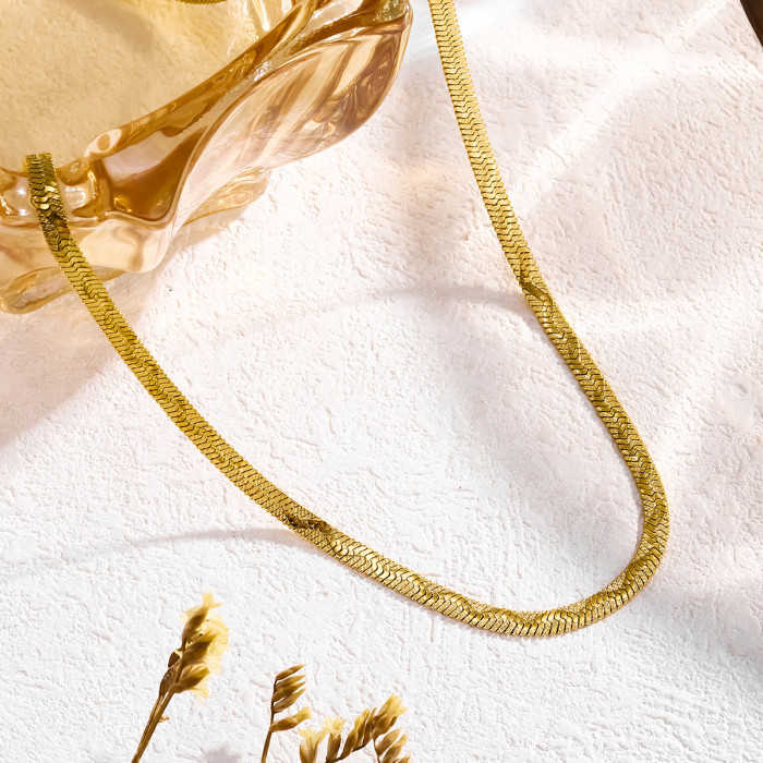 European and American Fashion Niche Simple Elegant Hot-Selling Necklace Stainless Steel 18K Gold Plated Wave Embossed Fishbone Chain Bracelet