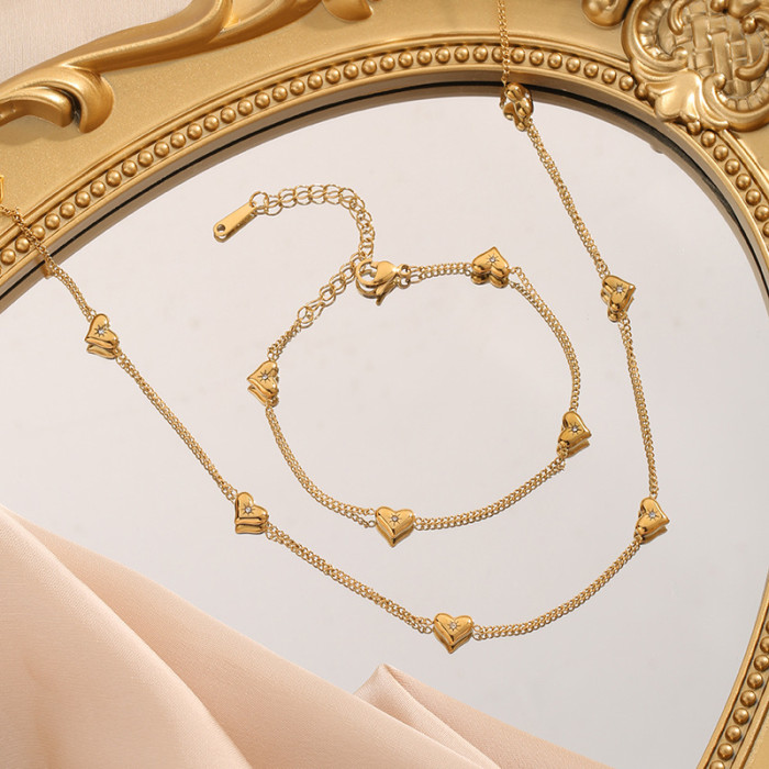 Niche Fresh Style Zircon Inlaid Heart Necklace Versatile Fashion Bracelet Unique Design Earrings Jewelry Three-Piece...