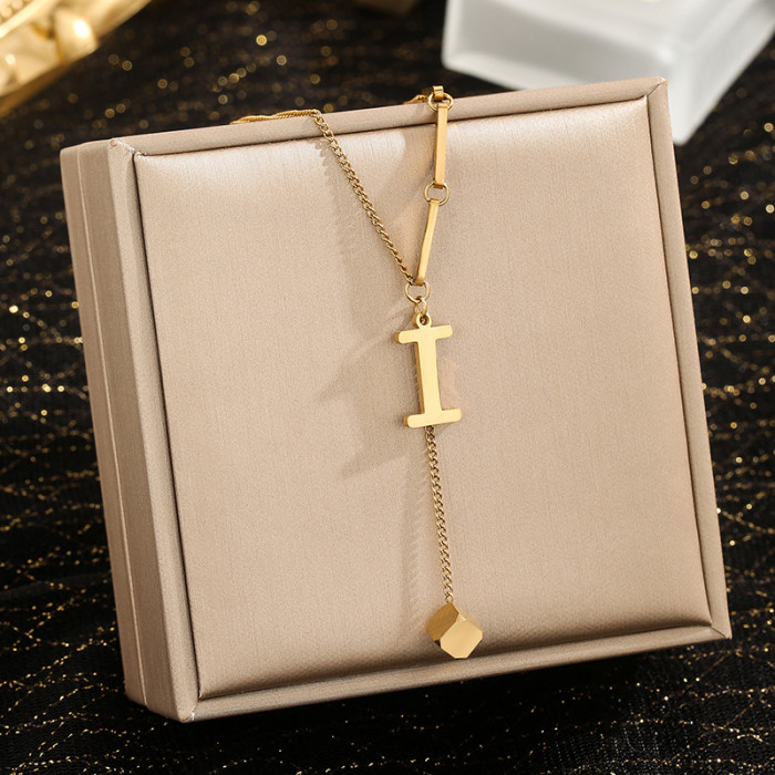 Jewelry Niche High-End Stainless Steel 26 Letter Necklace for Women Small Square Tassel Pendant Collarbone Chain