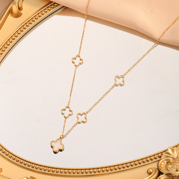 New Hollow Clover Titanium Steel Necklace for Women Fashion High-end Light Luxury Hot-selling Flower White Mother-of-...
