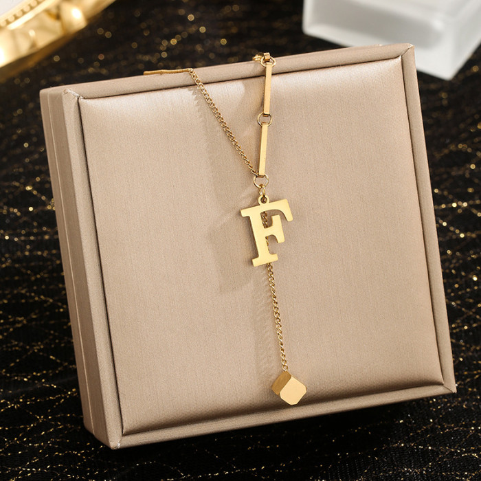 Jewelry Niche High-End Stainless Steel 26 Letter Necklace for Women Small Square Tassel Pendant Collarbone Chain
