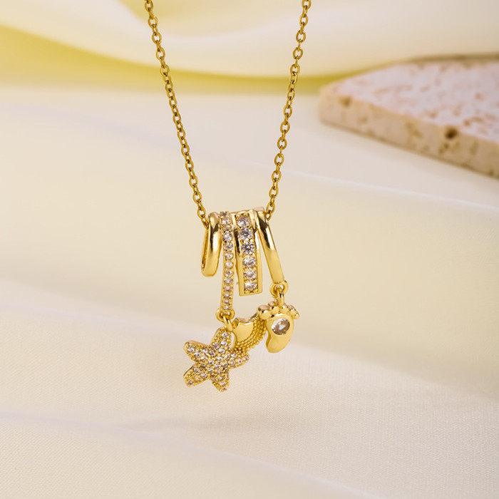 Cross-Border Hot Selling Copper Plated Real Gold Pendant Light Luxury Micro Inlaid Zircon Rainbow Butterfly Necklace Elegant High-End Simple Accessories