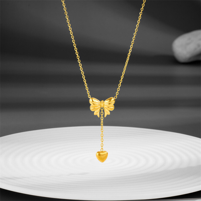 Titanium Steel Runaway Princess Tassel Heart Bow Necklace for Women Non-Fading Ins TikTok Hot Fashion Collarbone Chain