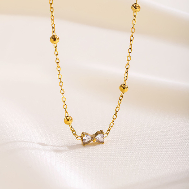 French Style Light Luxury Bowknot Zircon Titanium Steel Necklace for Women Fashion Versatile Clavicle Chain Elegant Simple Set Non-Fading