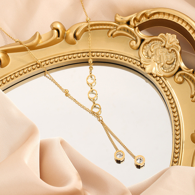 Korean Fashion Jewelry Roman Round White Zircon Tassel Pendant Elegant Titanium Steel Collarbone Chain Hollow Round Necklace