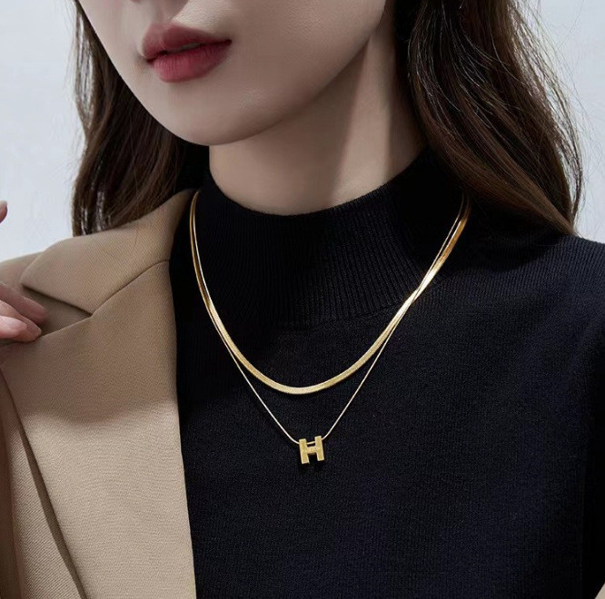 Titanium Steel Letter H Necklace Double Layer Stacked Simple Fashionable Elegant Collarbone Chain Light Luxury Niche Commuting Sweater