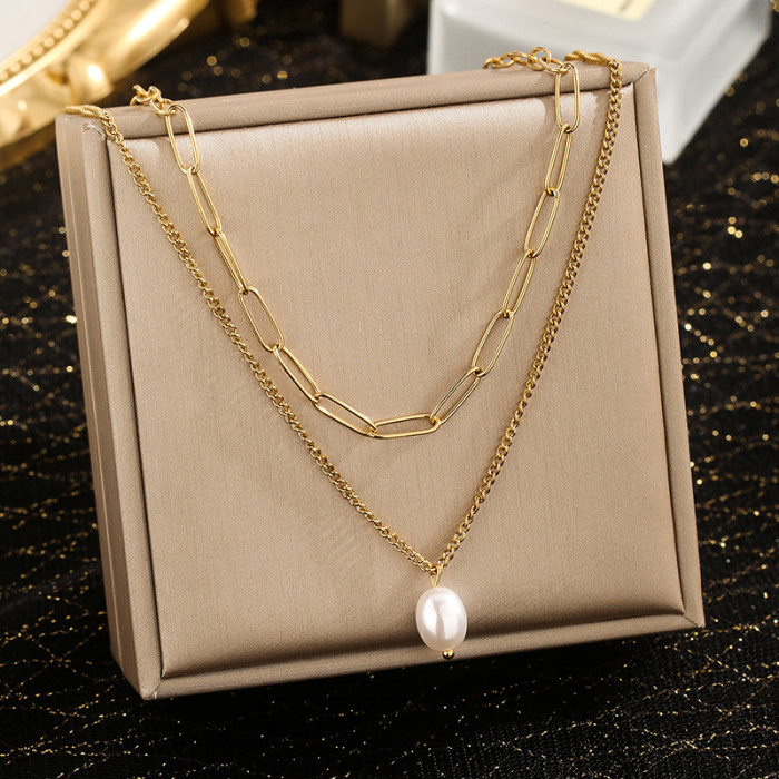 European and American Style Simple and Elegant Gold Double-Layer Pearl Titanium Steel Necklace for Women, Minimalist Retro Collarbone Chain