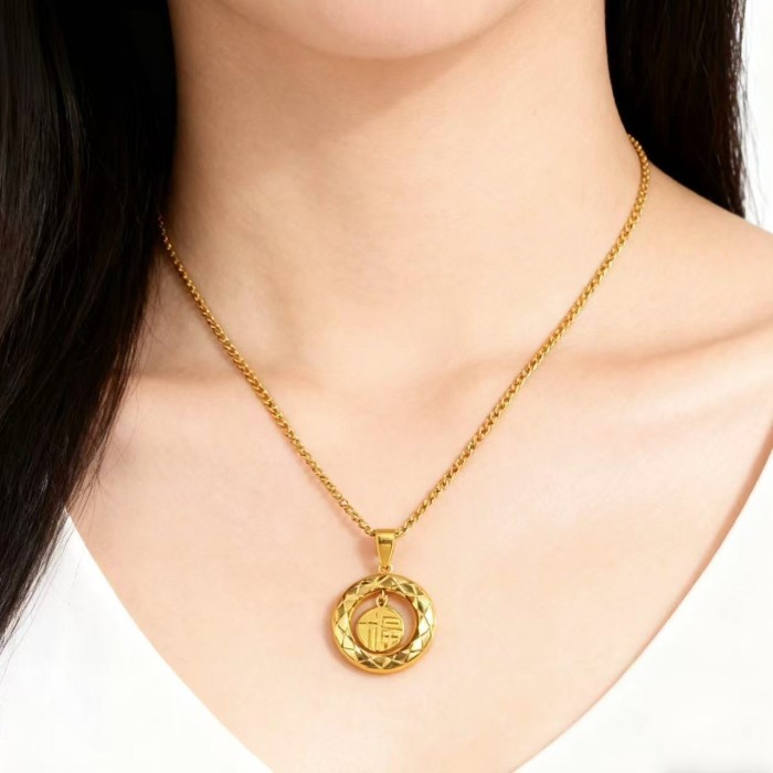 Cross-Border Foreign Trade Lucky Bag Wealthy Round Stainless Steel Necklace for Women National Style Fortune Character Light Luxury Versatile Trendy Collarbone Chain