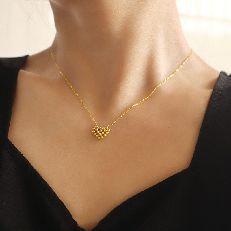 Korean Style Personality Trend Niche Popular Titanium Steel Gold-Plated Heart Bead Necklace Earrings Jewelry Set Wholesale