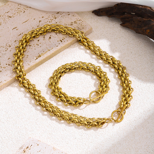 Cool Style Exaggerated Trendy Elegant Jewelry Suit Buckle Design Thick Chain Personalized Necklace All-Matching Gold-Plated Bracelet