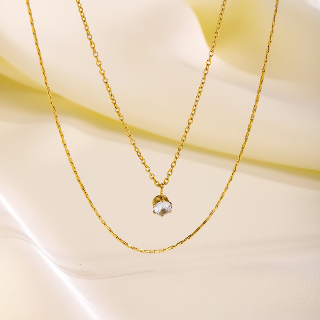 French Style Light Luxury New Sparkling Diamond Double Layer Titanium Steel Necklace for Women Simple Choker Petite Design 18K Gold Plated Collarbone Chain