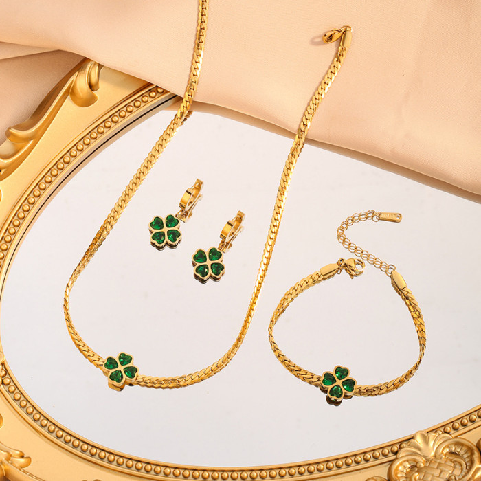 European and American Cross-Border Emerald Zircon Four-Leaf Clover Bracelet Women's Collarbone Necklace Versatile Titanium Steel Bracelet Non-Fading Set