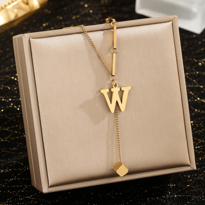 Jewelry Niche High-End Stainless Steel 26 Letter Necklace for Women Small Square Tassel Pendant Collarbone Chain