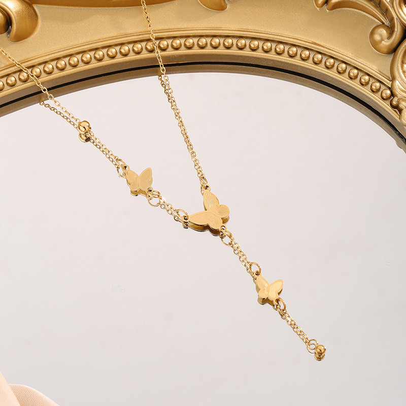 Traditional Gold Butterfly Tassel Necklace for Women French Gentle Versatile Minimalist Style Niche Light Luxury Collarbone Chain Non-Fading