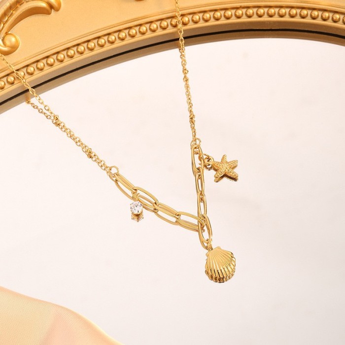 Niche Light Luxury High-End Gold Shell Starfish Rhinestone Necklace for Women Collarbone Chain Neck Chain Non-Fading Short Gift