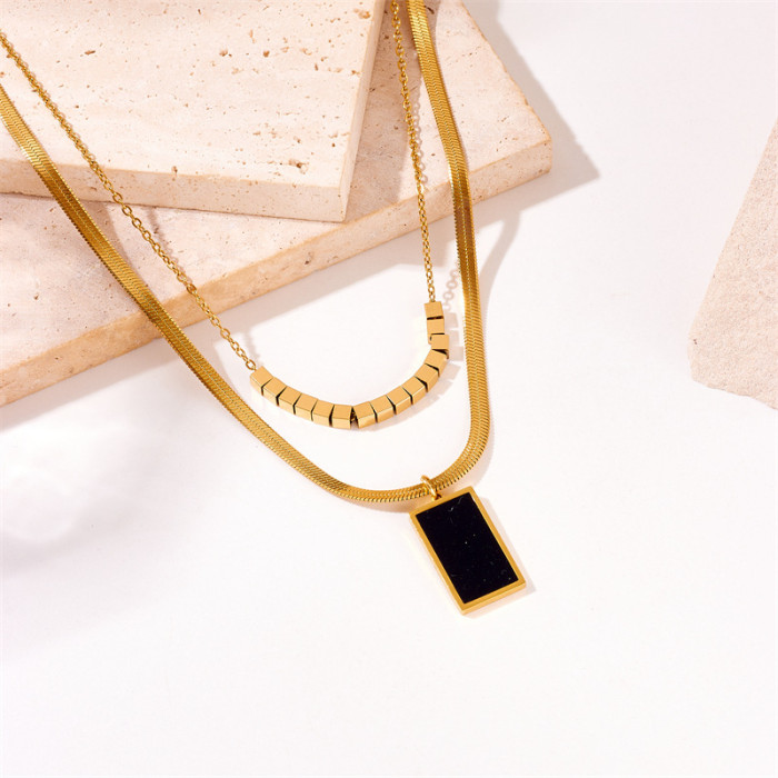 European and American Niche Minimalist Design Double Layer Stacked Snake Bone Chain Square Accessories Pendant Gold-Plated Titanium Steel Jewelry Necklace