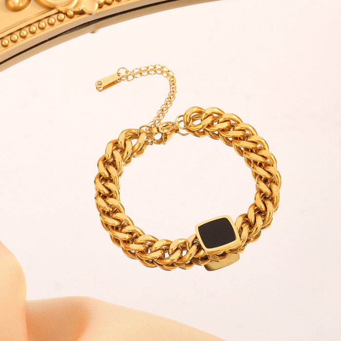 Style Exaggerated Titanium Steel Thick Chain Necklace Internet Celebrity Versatile Black Square Collarbone Chain Neck...