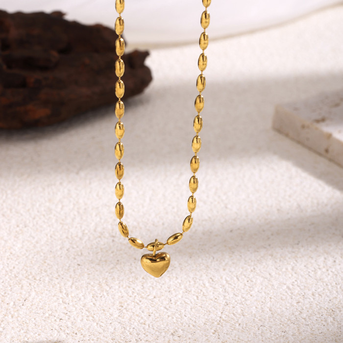 Metallic Style Color Block Heart Bead Chain Necklace Simple Elegant Niche Design High-end Feel Everyday Versatile Collarbone Chain