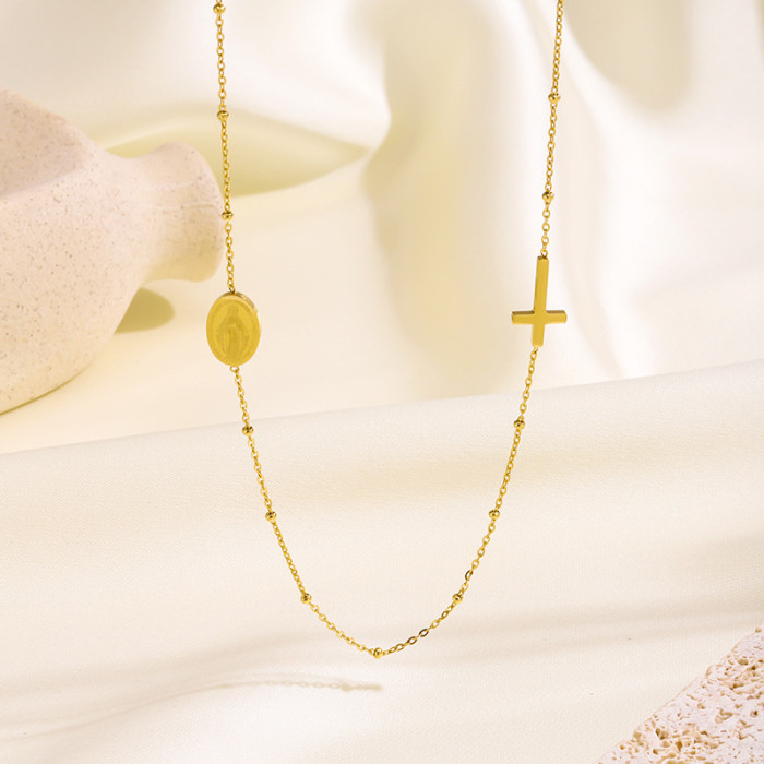 European and American Fashion Coin INS Style Cross Oval Pendant Collarbone Chain Necklace Titanium Steel 18K Gold Plated Jewelry Set