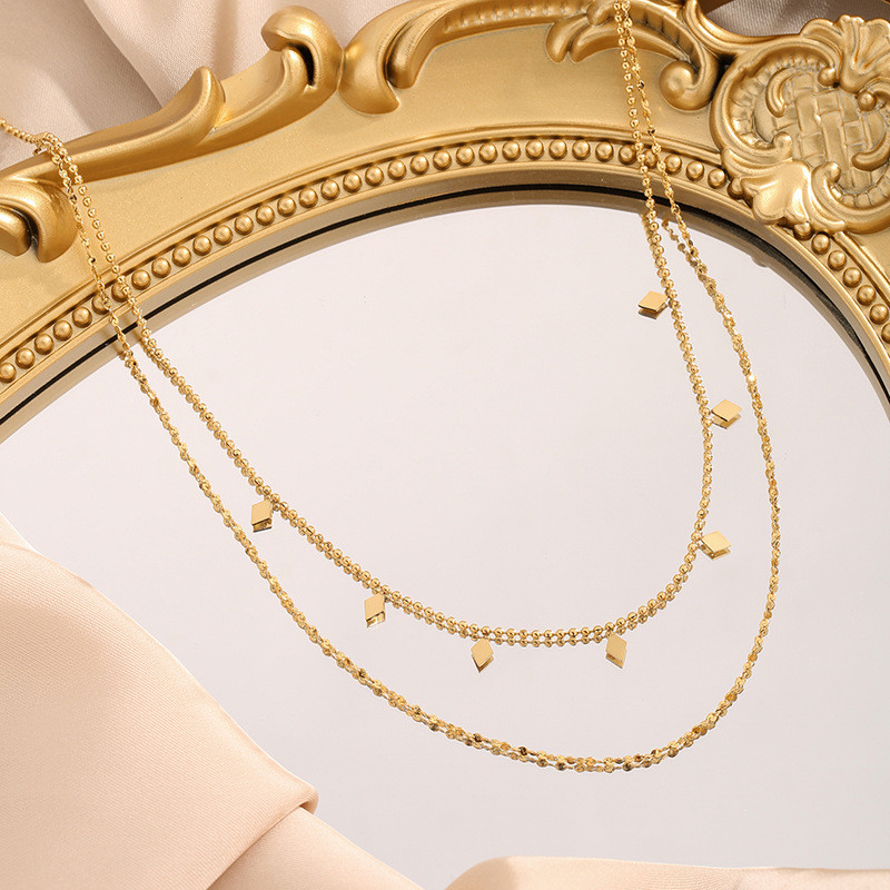 French Romantic Style Geometric Rhombus Pendant Splicing Double Layer Chain Stacking Necklace Titanium Steel Collarbone Chain