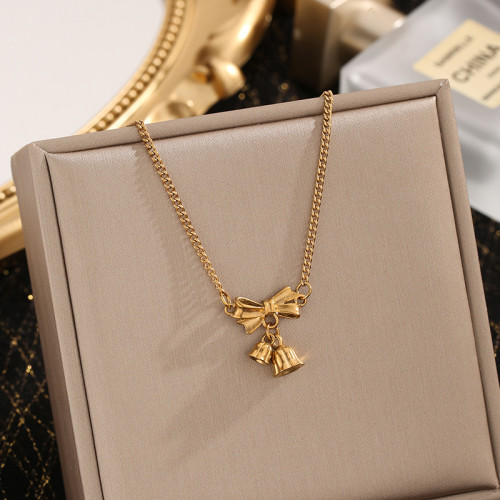Princess on the Run Bowknot Lily of the Valley Titanium Steel Necklace for Women, Light Luxury Hot-Selling Collarbone Chain, Non-Fading Neck Chain Jewelry