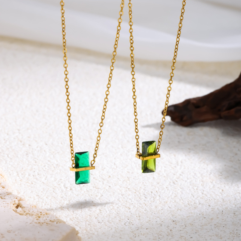 French Style Personality Geometric Rhombus Colorful Zircon Design Pendant Collarbone Necklace for Women Titanium Steel Female Jewelry Gift