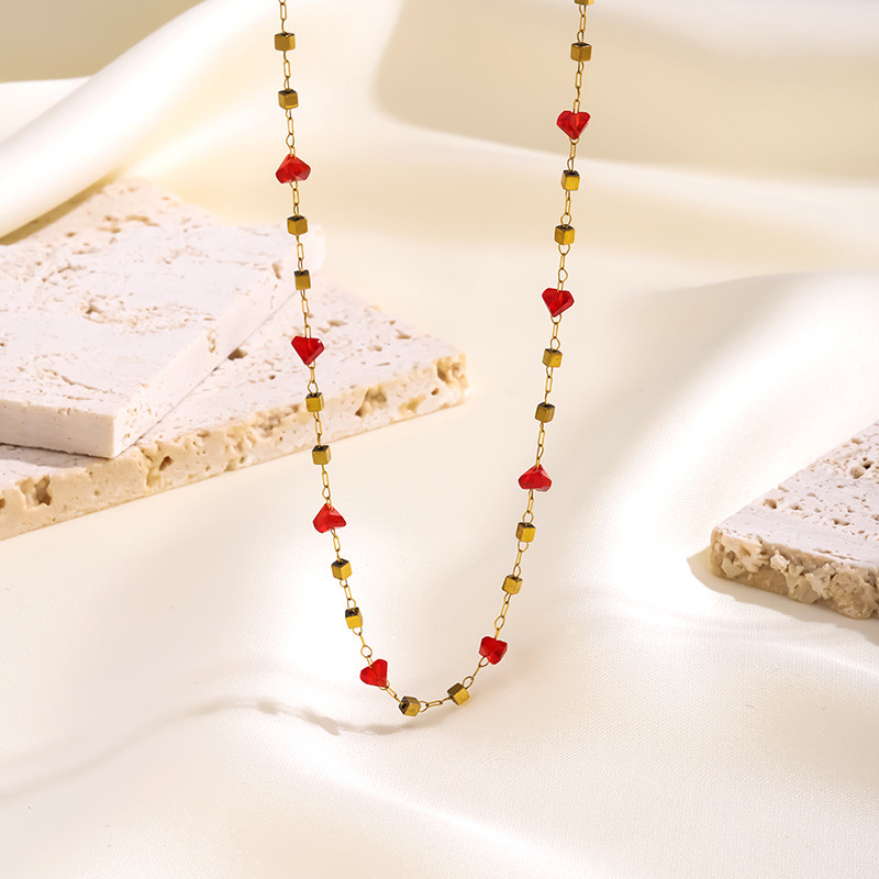 European and American Cross-Border Fashion High-End Stainless Steel Inlaid Red Heart Zircon Necklace Set Niche Creative Jewelry for Women