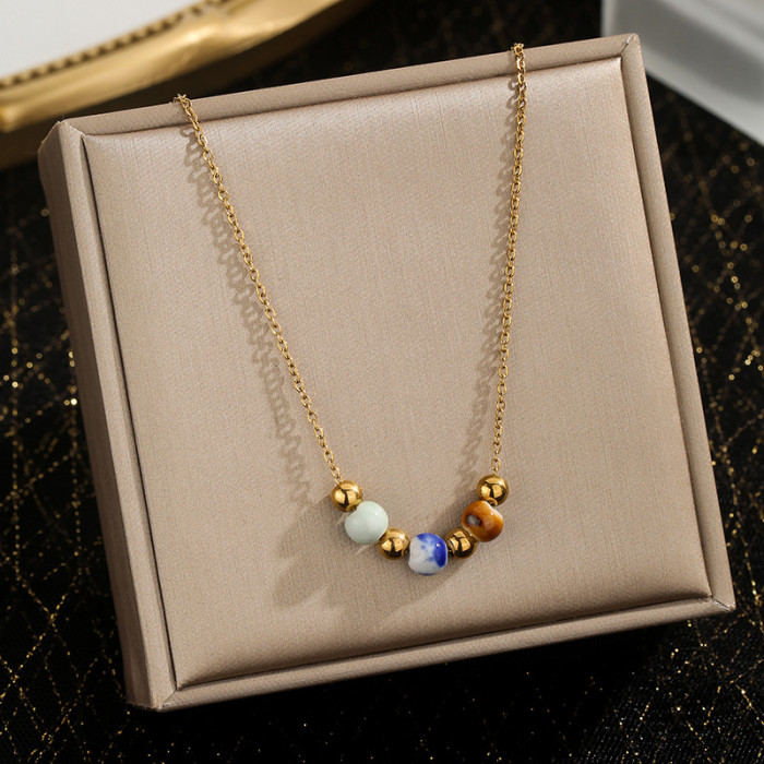 Cross-Border Hot-Selling Ceramic Round Bead Titanium Steel Necklace Collarbone Chain Ins High-End Niche Titanium Steel Non-Fading Jewelry for Women