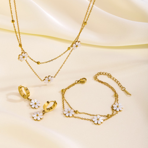 Cross-Border Hot Selling Ins Style Small Daisy Clip Bead Chain Stainless Steel Necklace Female Small Fresh Daisy Bracelet Earrings Set
