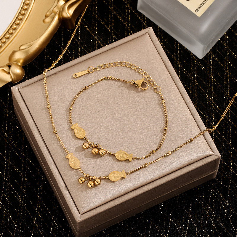 Cross-Border Hot Selling Like Fish in Water Three Lives Three Worlds Titanium Steel Necklace Bracelet Set for Women Bead Double Little Fish Jewelry Trendy